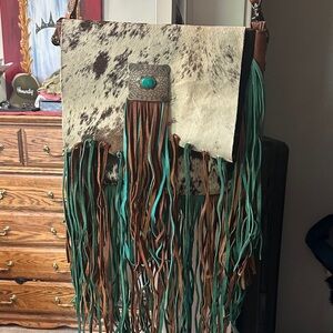 American Darling Cowhide Fringe Crossbody Bag in Brown, Cream & Teal
